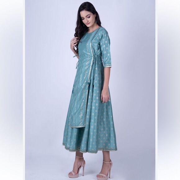 Janasya Indian Green Silk Blend Ethnic Dress - Picture 1 of 13